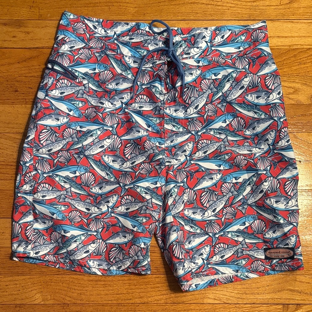 Vineyard Vines Red and Blue Fish Print Swim Shorts